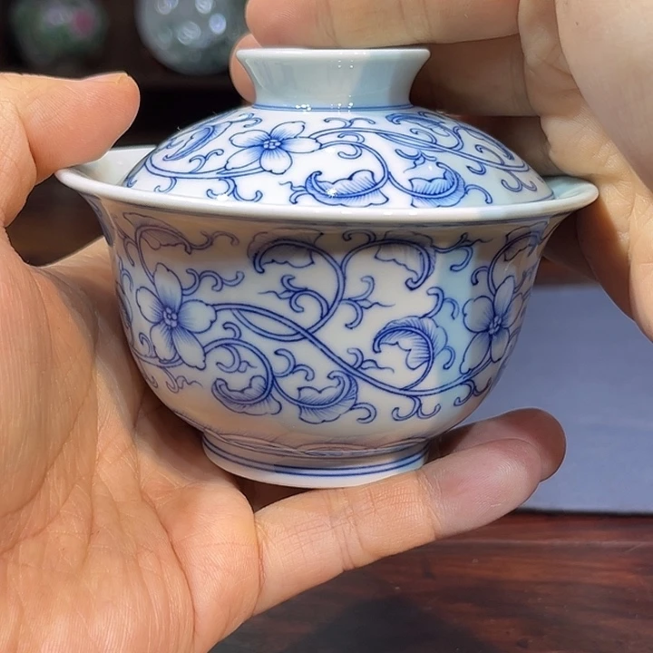 瓷盖碗青花凤尾草盖碗