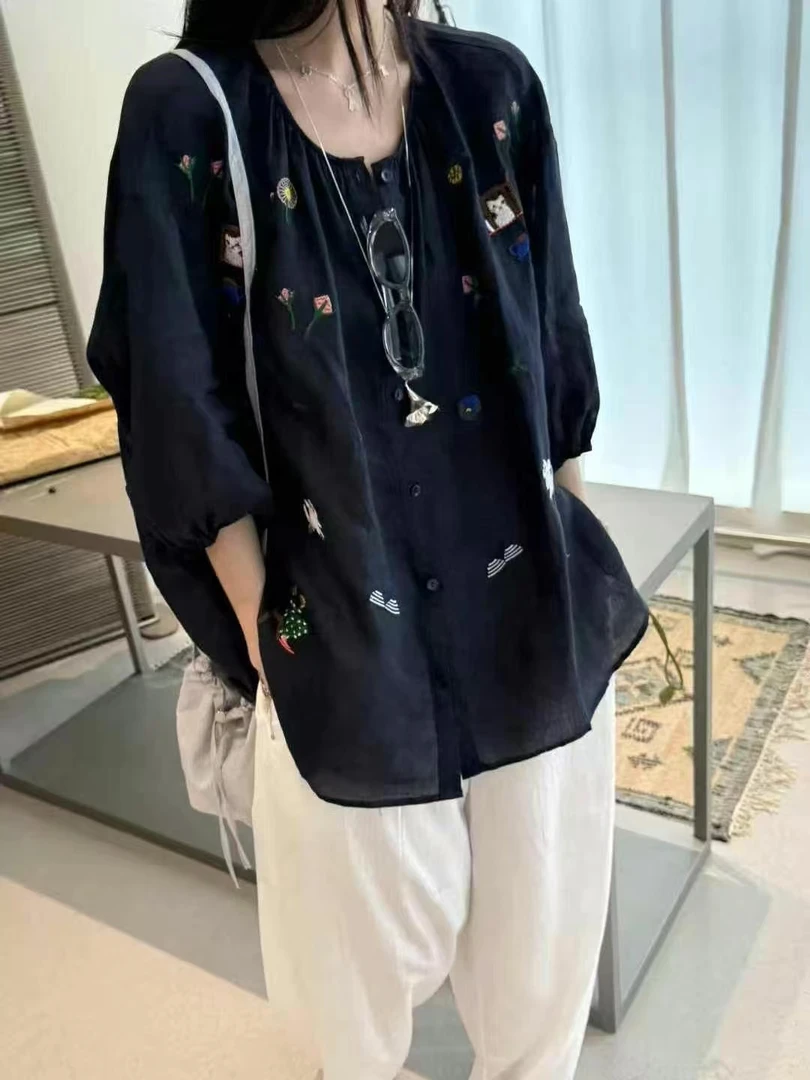 王姐专属-2025夏季新品圆领刺绣猫咪长袖衬衫【克拉-8229】