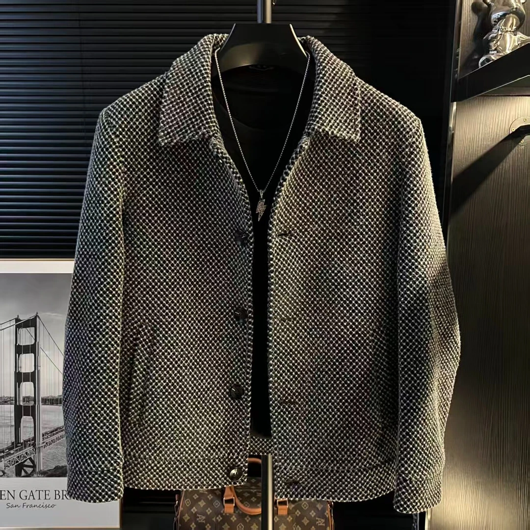 V-轻奢毛呢外套男短款翻领格子男士夹克韩版潮流男装1