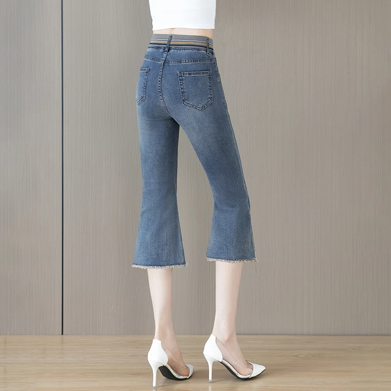 小个子妈妈裤子高腰八分裤2025夏季薄款松紧腰毛边微喇牛仔裤女裤