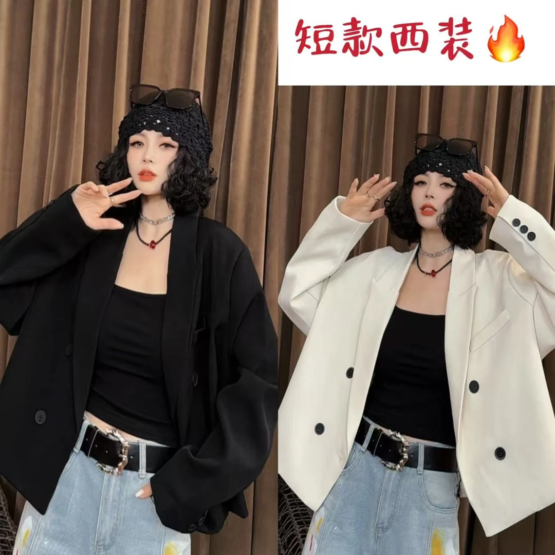 春秋新款小众设计感短款小西装女士西服双排扣时尚休闲外套-611