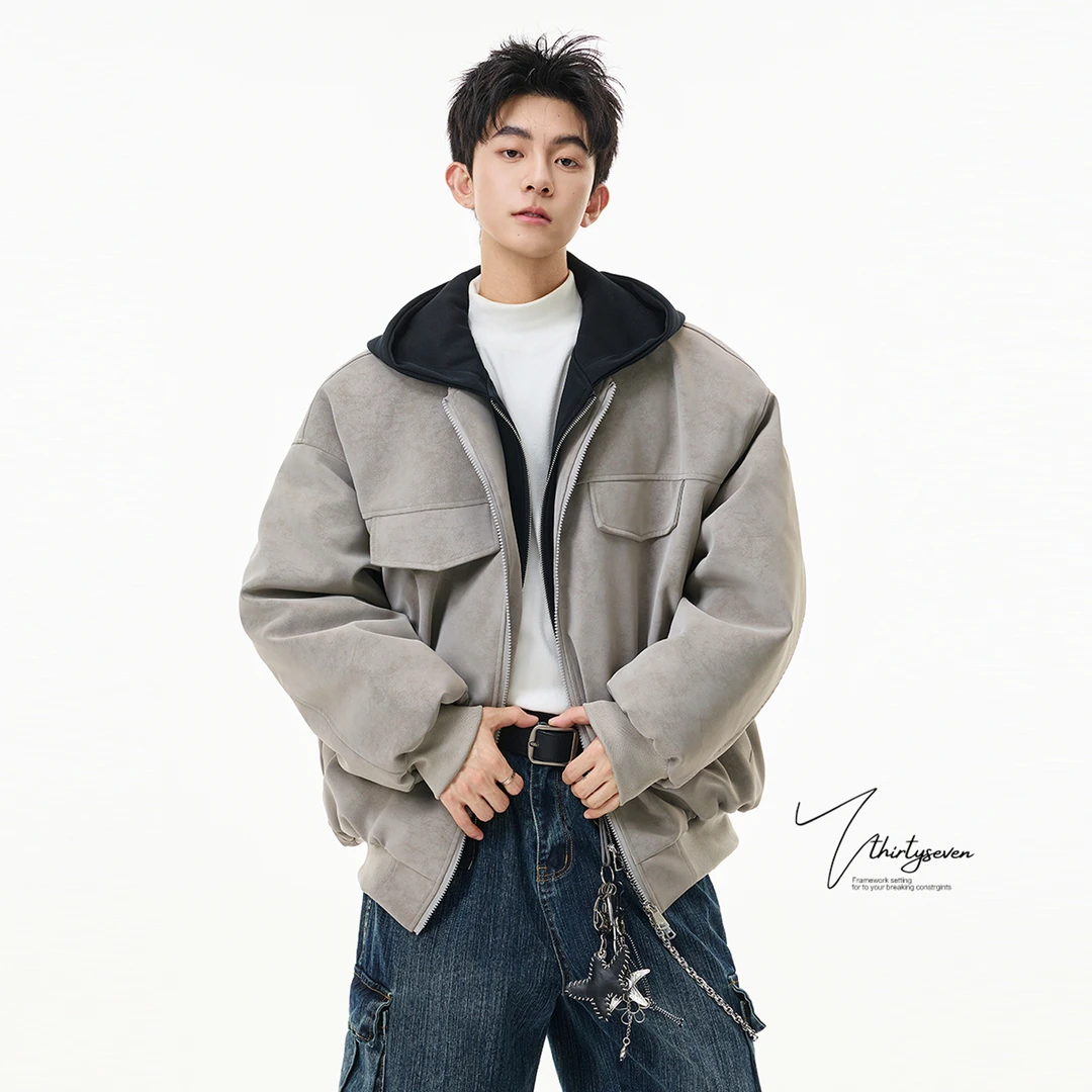 美式复古假两件扎染PU皮棉服男款冬季加厚保暖连帽设计感夹克外套