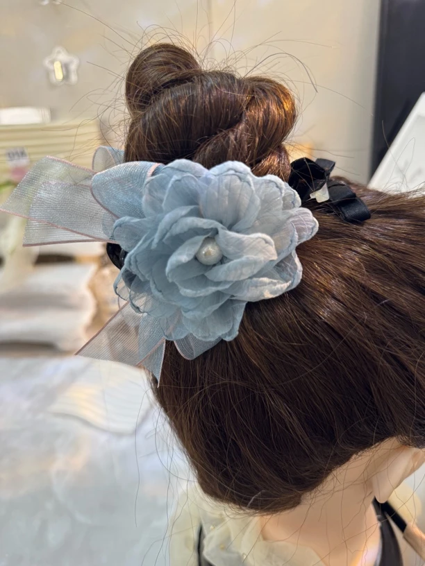 甜美蓝色花瓣蝴蝶结丸子夹女时尚精致后脑勺盘发竖夹减龄