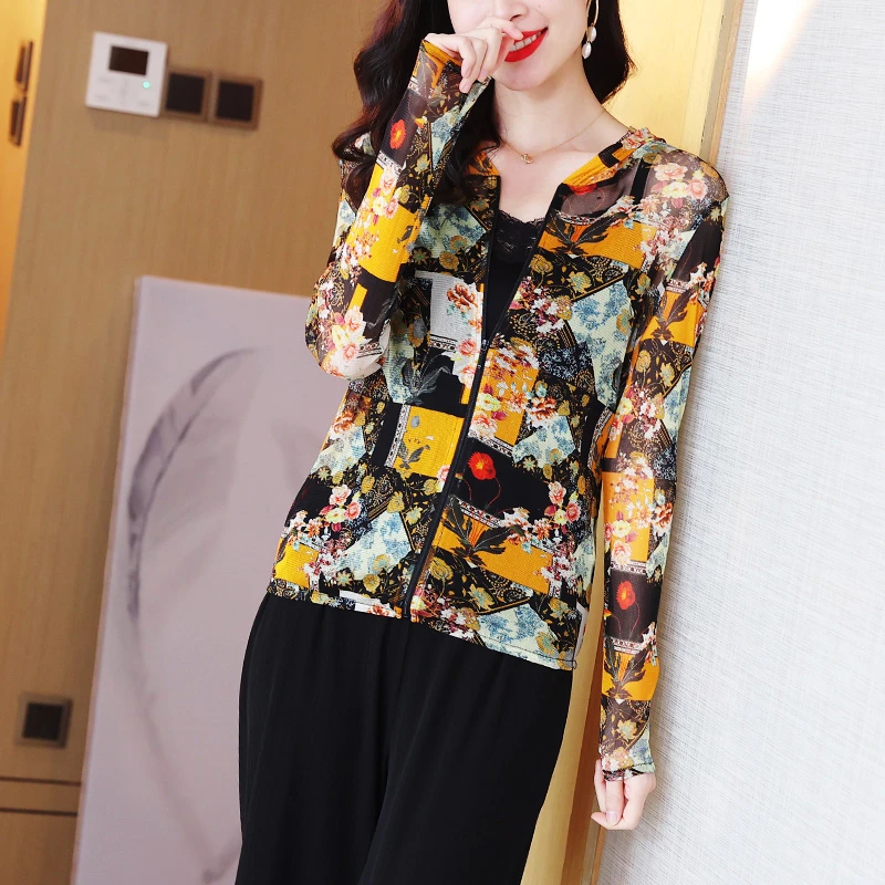 桑蚕丝网纱网眼印花长袖外套真丝薄款防晒气质连帽上衣3351w