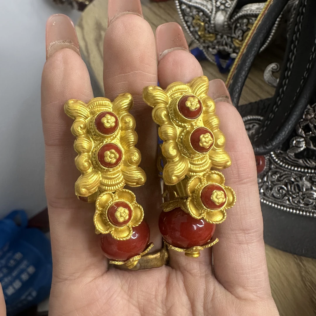 铜合金合成锆石耳饰 铜合耳饰 藏族新款耳环手工藏饰镀金配耳链