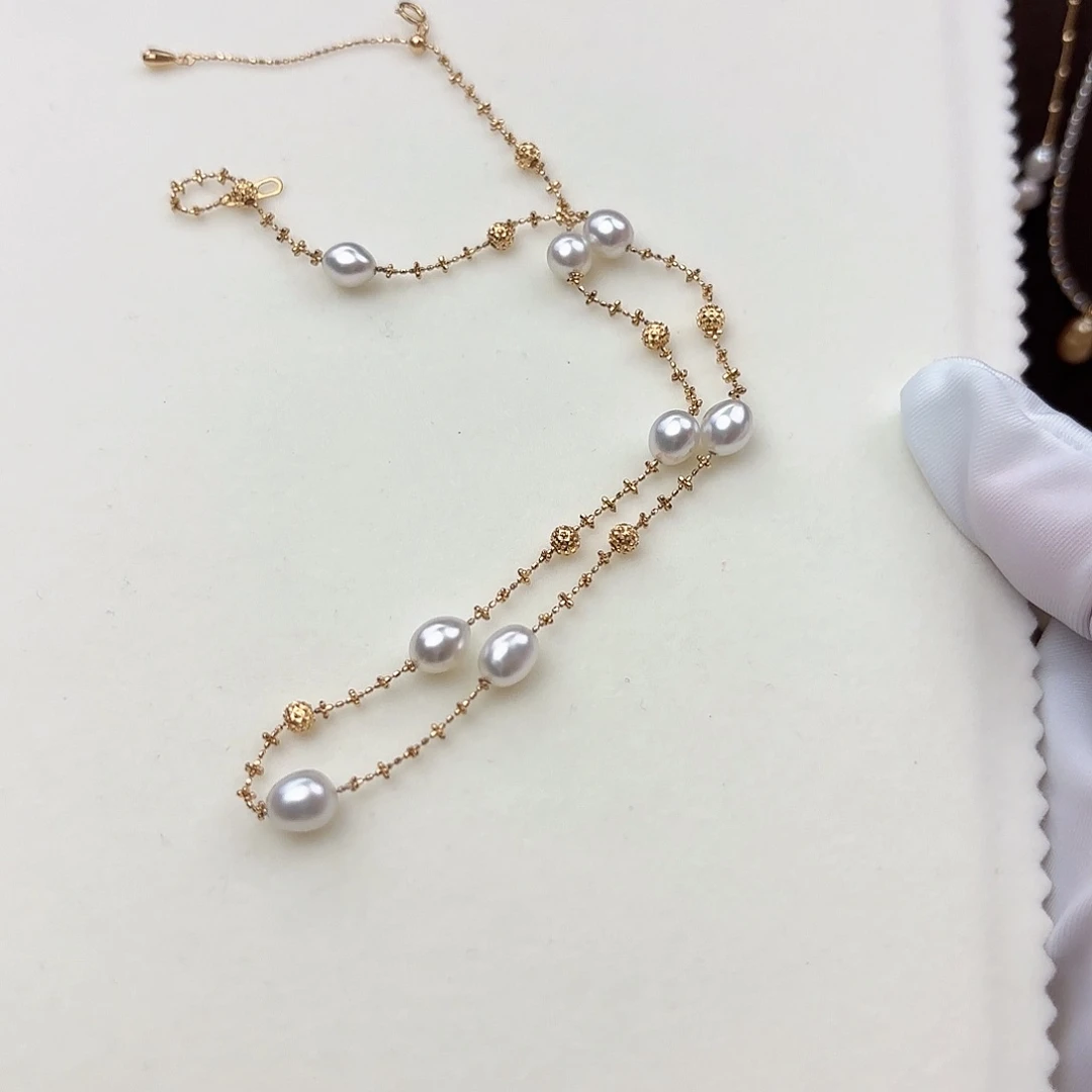 海水珍珠18K金镶嵌颈饰暖*Keshi