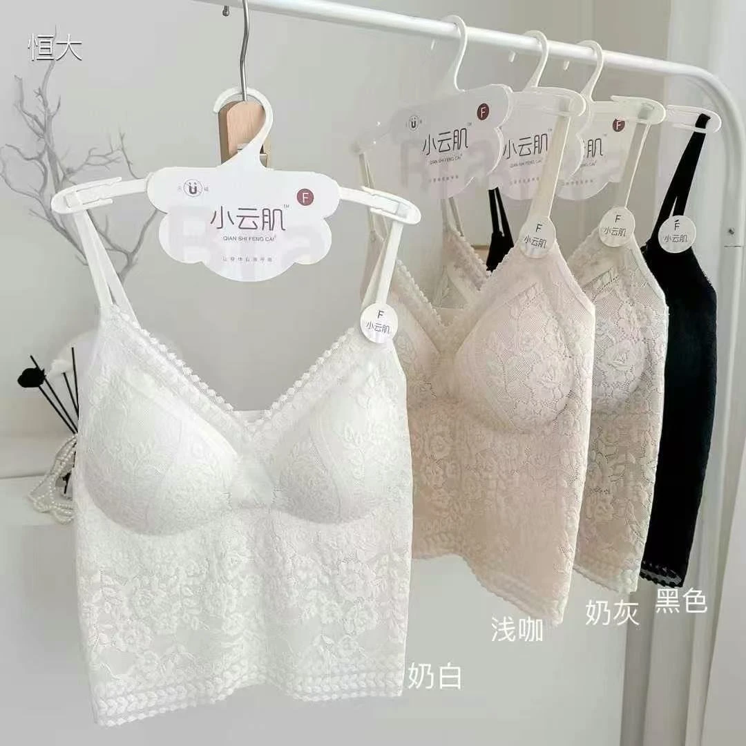 恩熙·性感女蕾丝法式无磁蕾丝吊带背心无钢圈黑色奶白上衣585858#