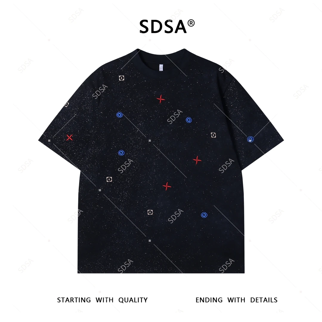 夏季高级感新款男士美式满天星撞色刺绣短袖T恤小众设计轻奢上衣