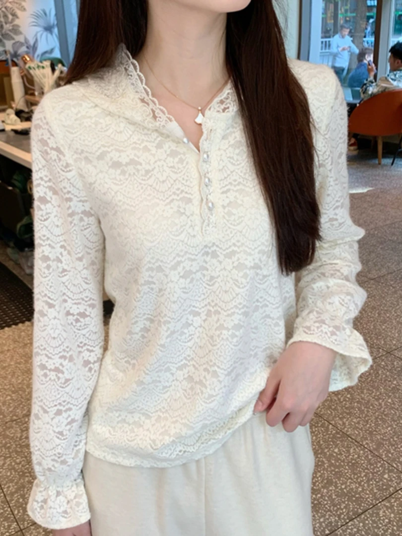 法式重工连帽长袖蕾丝衫女春秋2025新款独特超好看内搭打底衫上衣