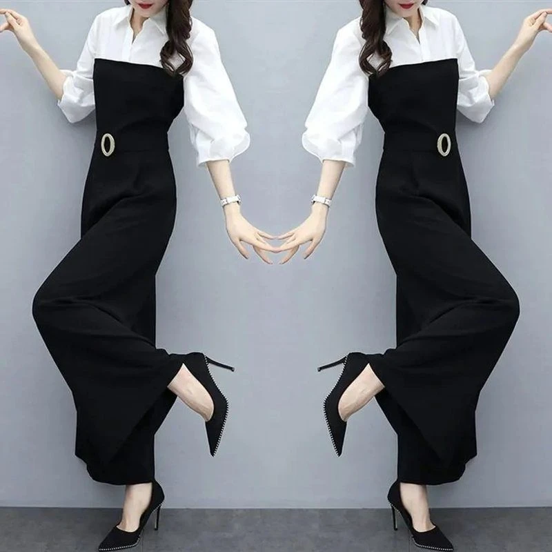 裤雪纺2024气质套装阔腿阔新款春夏时尚休闲黑色长裤连体腿OL裤