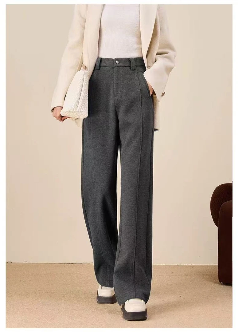 K7011 时尚洋气女显瘦柔软休闲垂感直筒宽松加绒加厚毛呢裤子