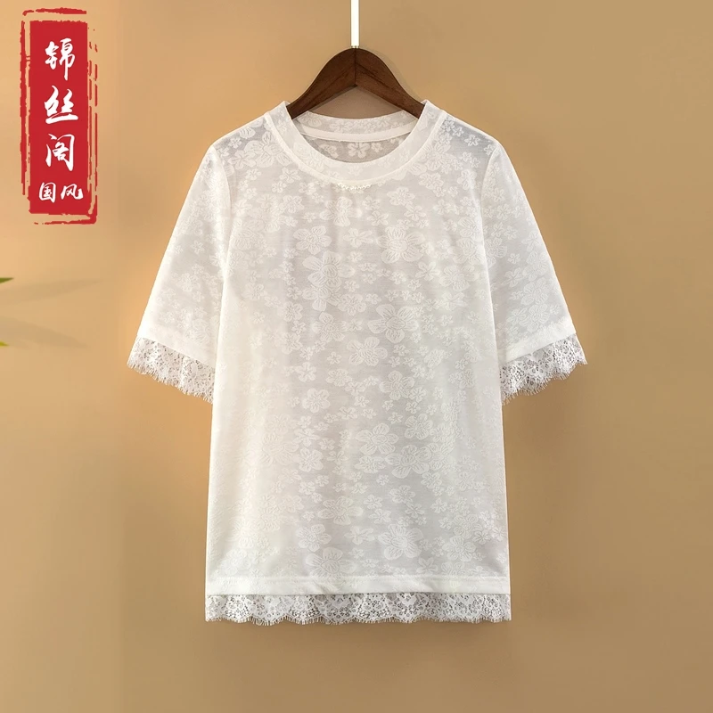 【倾雪】夏季2025新款上衣小衫女新中式国风圆领提花白色短袖T恤衫
