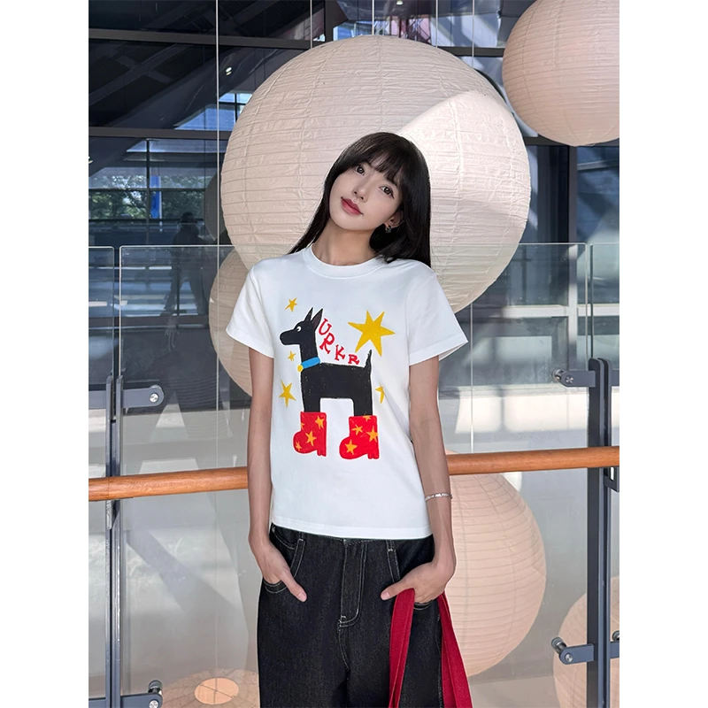 URKR美式复古趣味小狗印花正肩T恤女夏季宽松休闲百搭短袖圆领