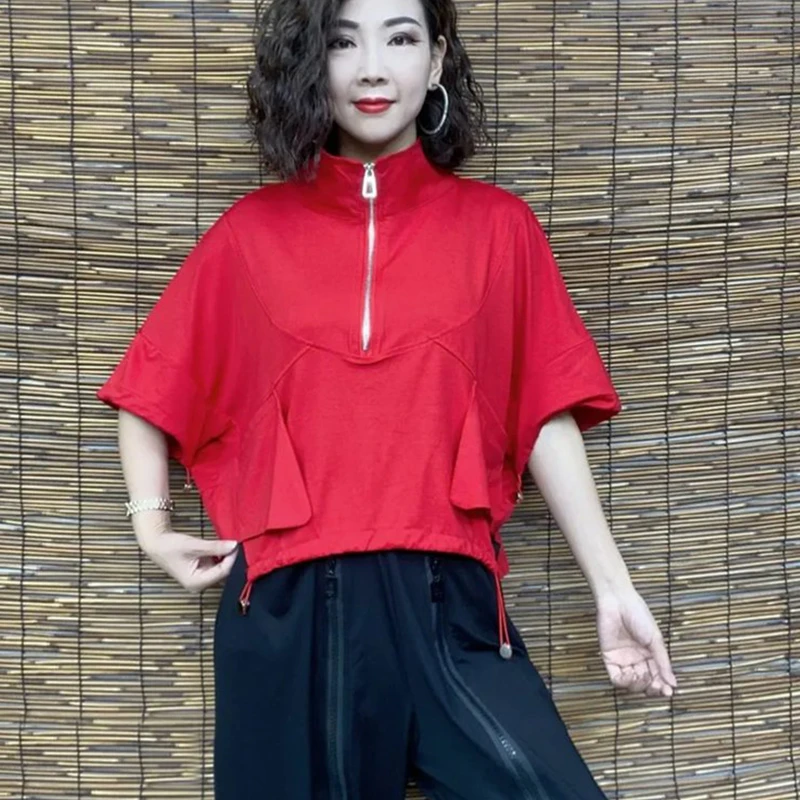 2025夏季新款宽松显瘦百搭蝙蝠衫大口袋上衣洋气拉链T恤薄款短袖
