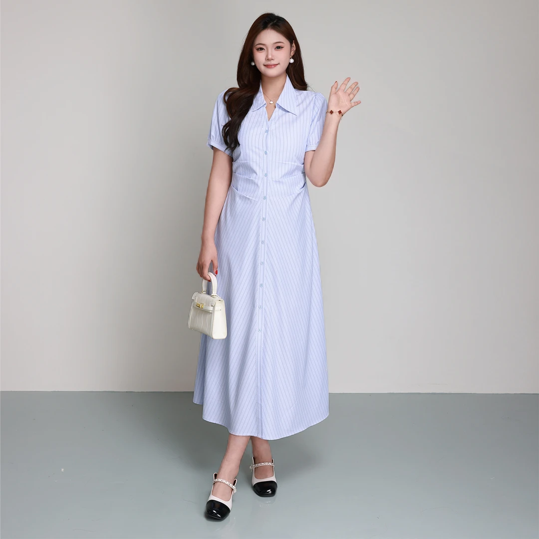 YL【夏日约会】蛋妹大码女装微胖mm夏季显瘦短袖衬衫连衣裙DM26762