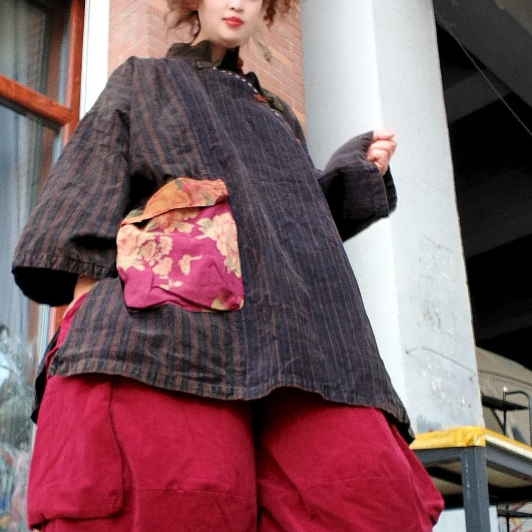 无吊牌做旧复古盘扣老布宽松双层上衣，条纹色随机发，介意勿拍