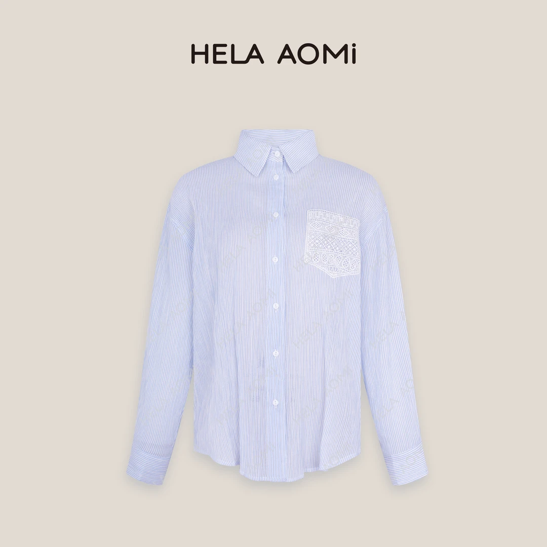 HELAAOMI“假日海岸”时尚翻领条纹镂空蕾丝气质百搭衬衫CY5AM11514