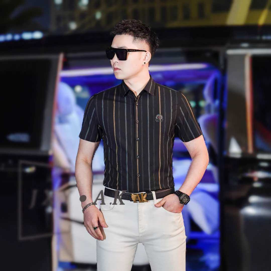 AK/2025夏季薄款条纹衬衫男商务短袖翻领衬衣时尚百搭高级感男装