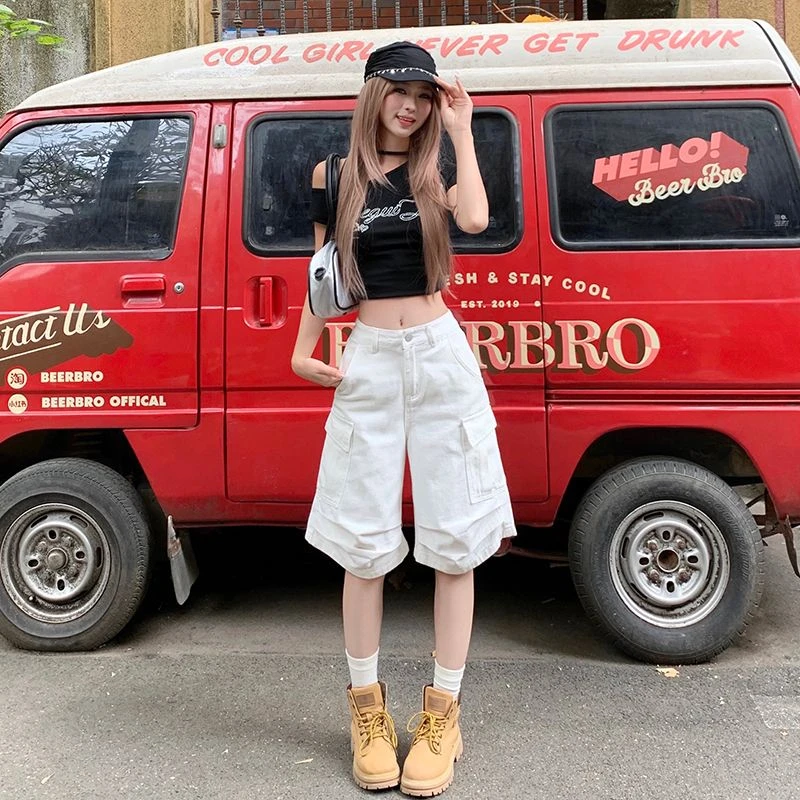 白色工装阔腿五分牛仔短裤女2025夏季薄款高腰宽松显瘦休闲直筒裤
