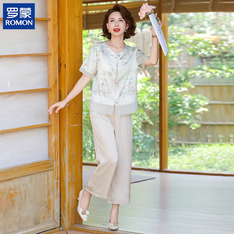 罗蒙妈妈夏装新中式两件套2025新款国风印花上衣中老年女洋气套装