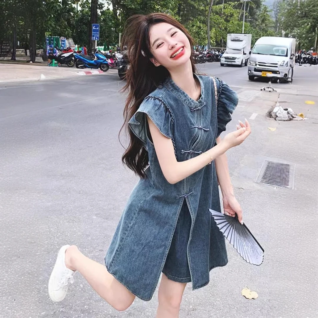 夏季薄款新中式国风盘扣显瘦小个子牛仔连衣裙短裤两件套女套装裙
