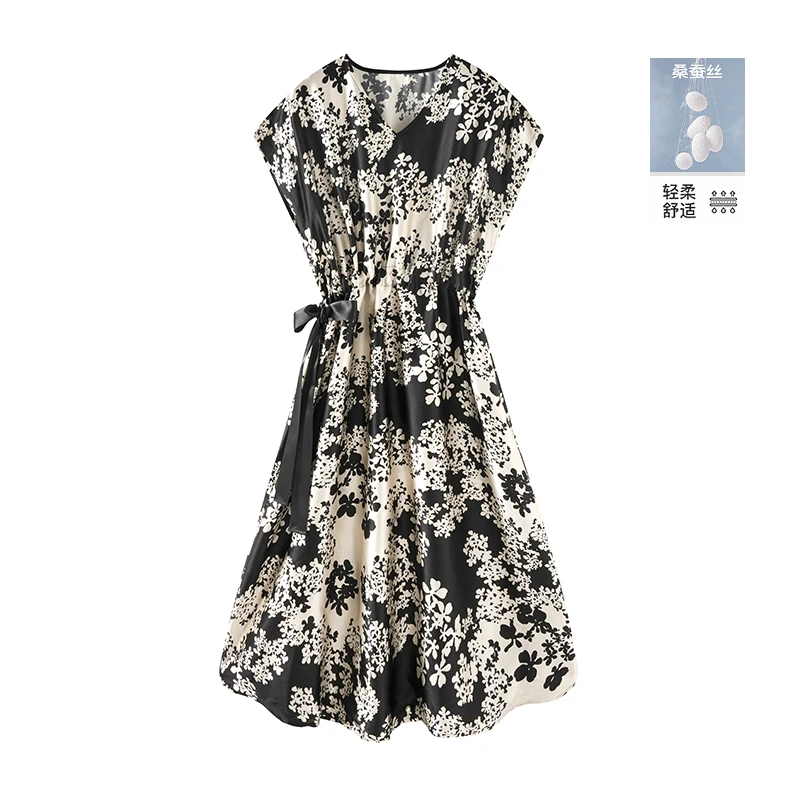 新款重磅桑蚕丝素缎印花连衣裙女系带收腰裙子CYC54120