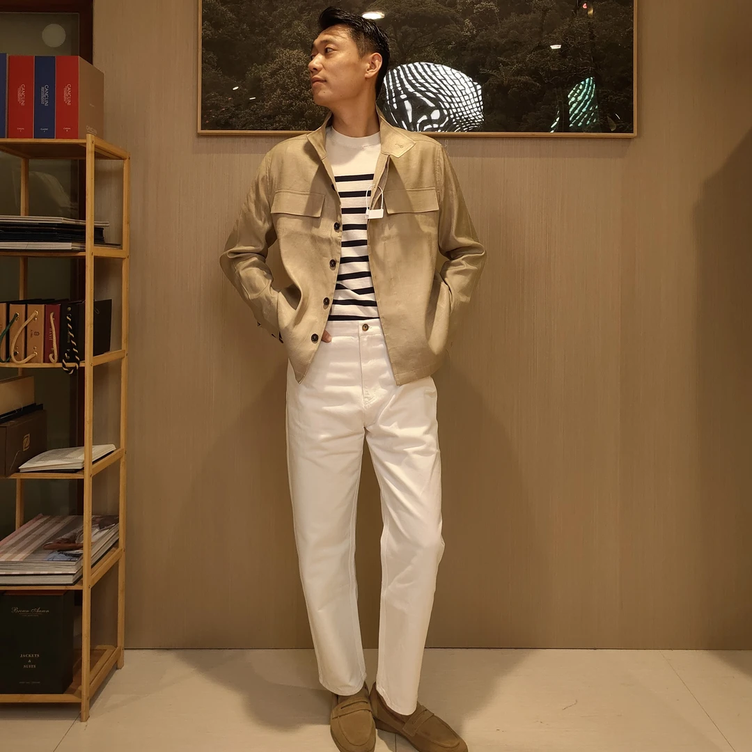 25初秋新款老钱风亚麻桑蚕丝混纺轻薄透气立领夹克