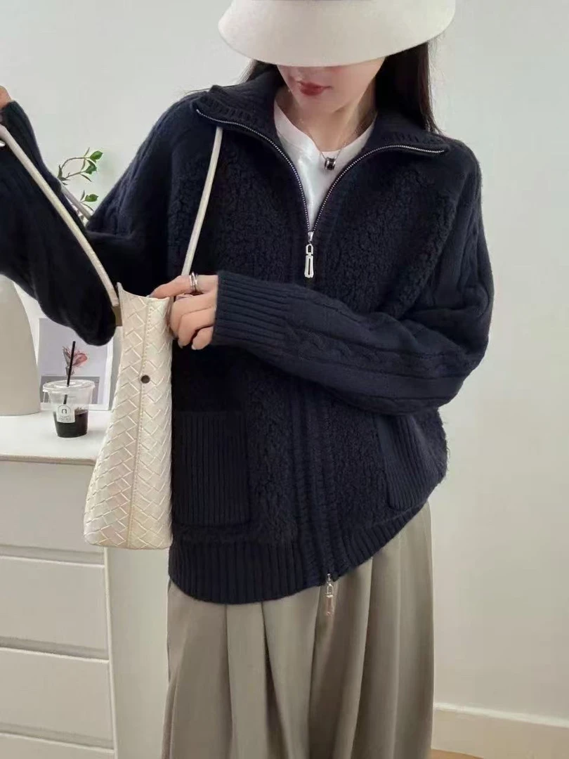 高端轻奢颗粒拼接双拉链翻领针织开衫秋冬加厚毛衣外套8433