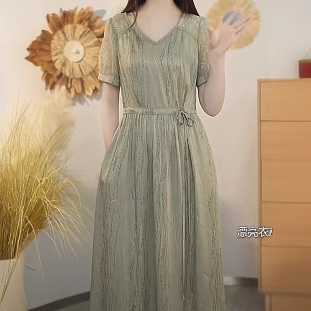 高级琉璃丝时尚洋气百搭碎花假两件礼服裙2025夏季新款显瘦连衣裙