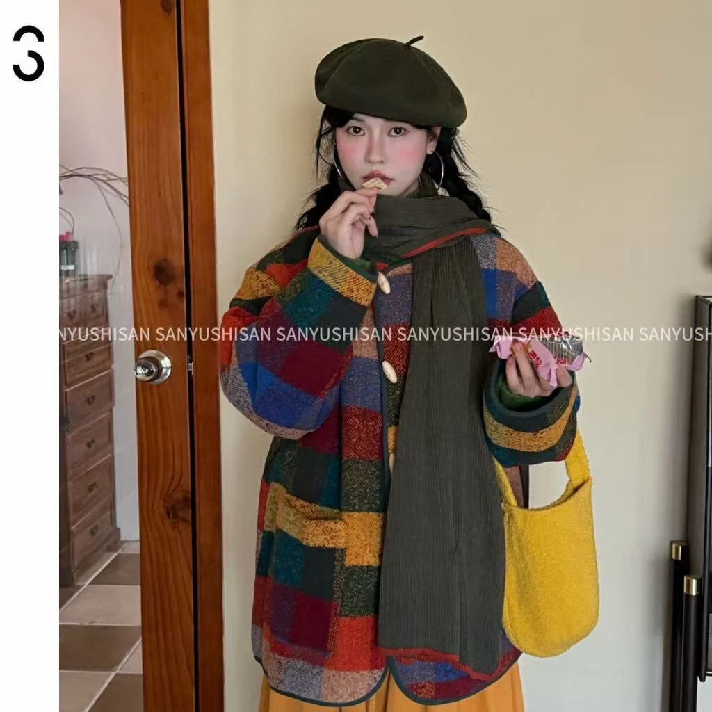 三与十三|Y1386|彩色格子毛呢百搭实穿短外套