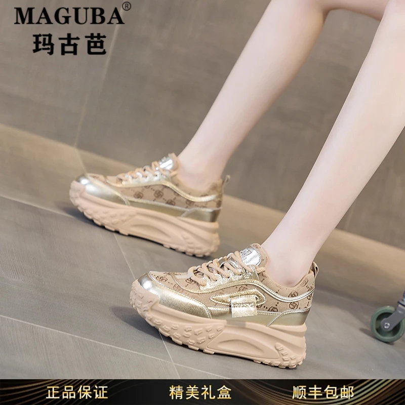 玛古芭女鞋复古帆布厚底老爹鞋女新款内增高小个子网面透气运动鞋
