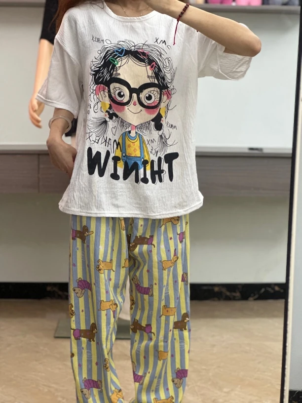2025带胸垫睡衣女短袖长裤夏季棉质卡通卷发女孩家居服外穿两件套