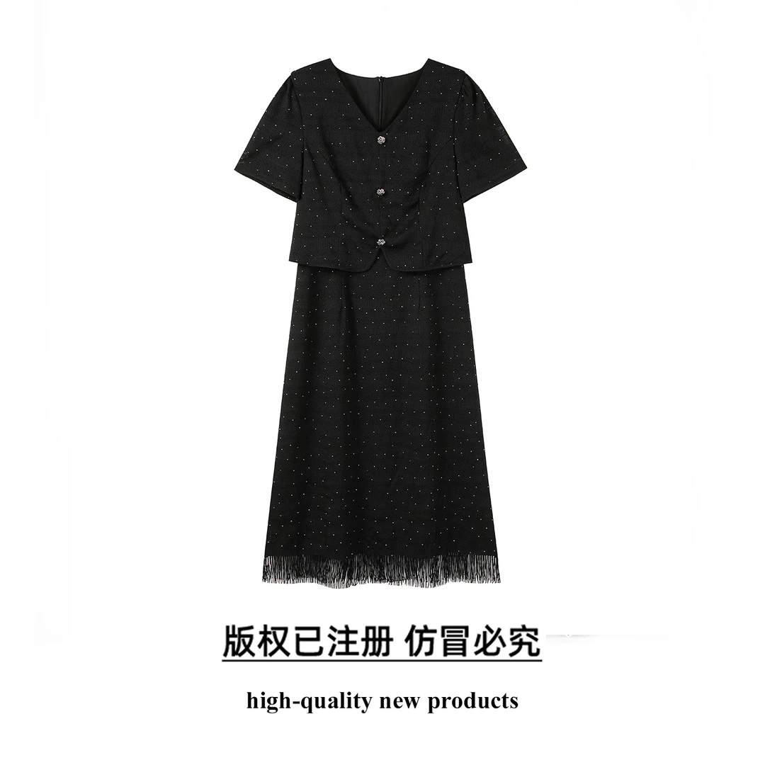 奢姿大码女装2025夏季气质V领流苏连衣裙胖妹妹假两件时尚裙子