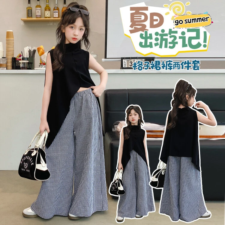 女童夏装阔腿裤套装2025新款洋气儿童夏季格子裙裤两件套韩版时髦