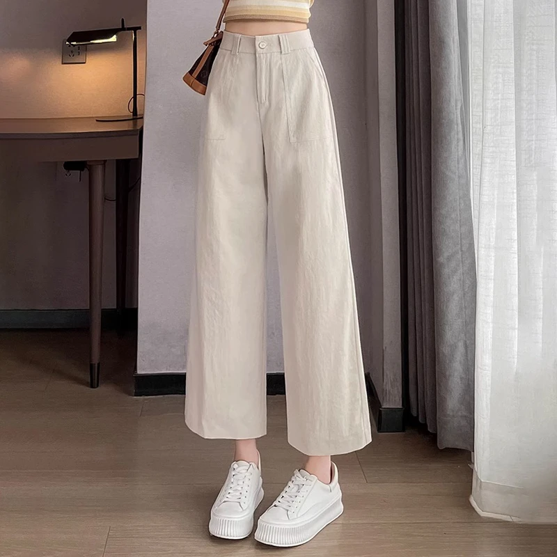 杏色九分阔腿裤女夏季薄款2025新款休闲高腰宽松小个子垂感直筒裤