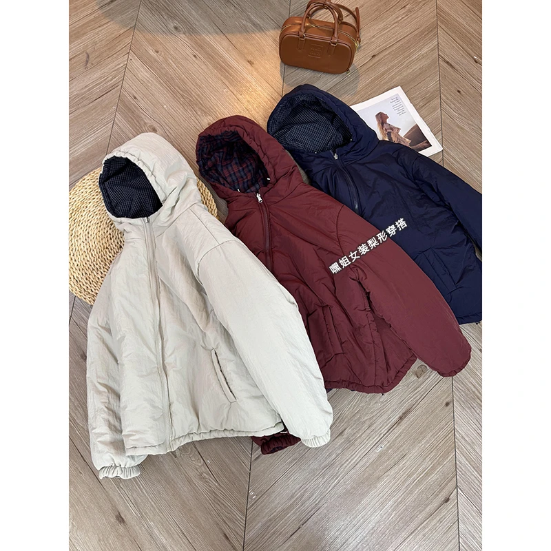 【苏黎世】韩版通勤百搭两面穿加厚保暖夹棉连帽休闲棉服外套女冬季