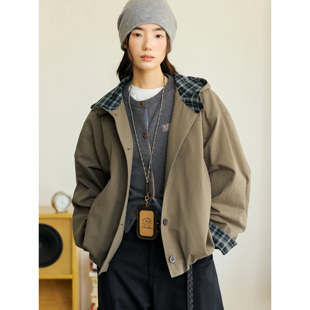 章鱼家【复古格纹】格纹拼接可调节抽绳连帽上衣休闲潮流octopusme