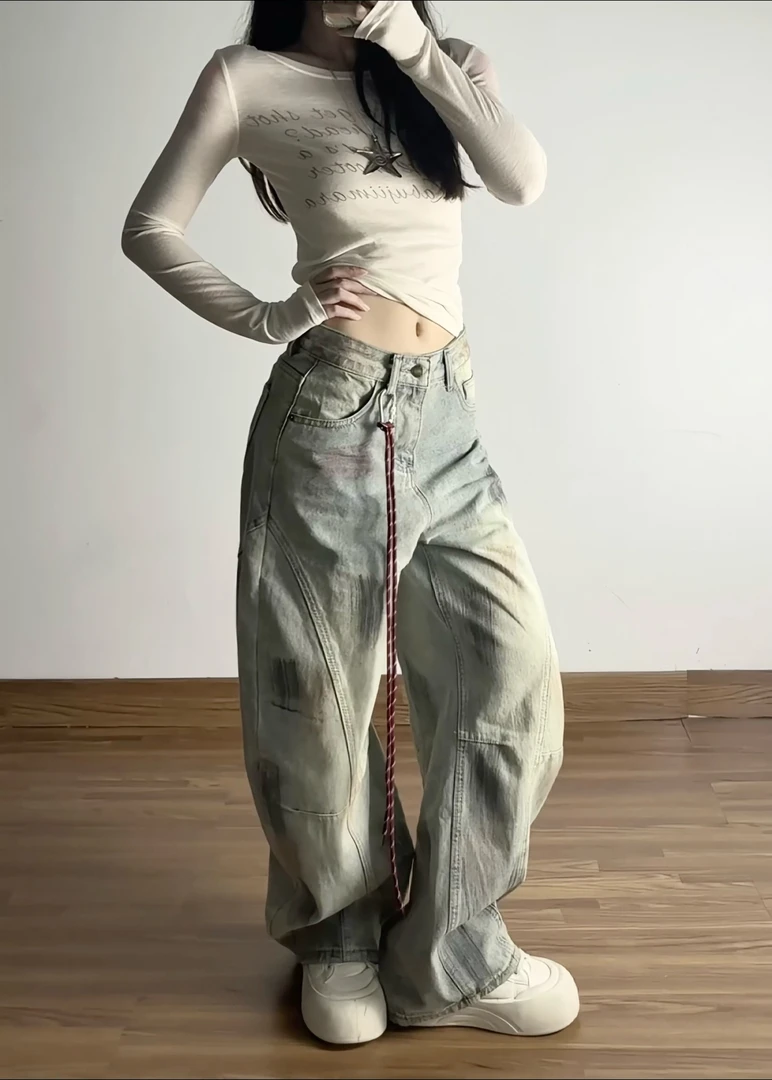 美式高街做旧弯刀休闲裤女秋冬季潮牌vibe解构做脏水洗宽松阔腿裤