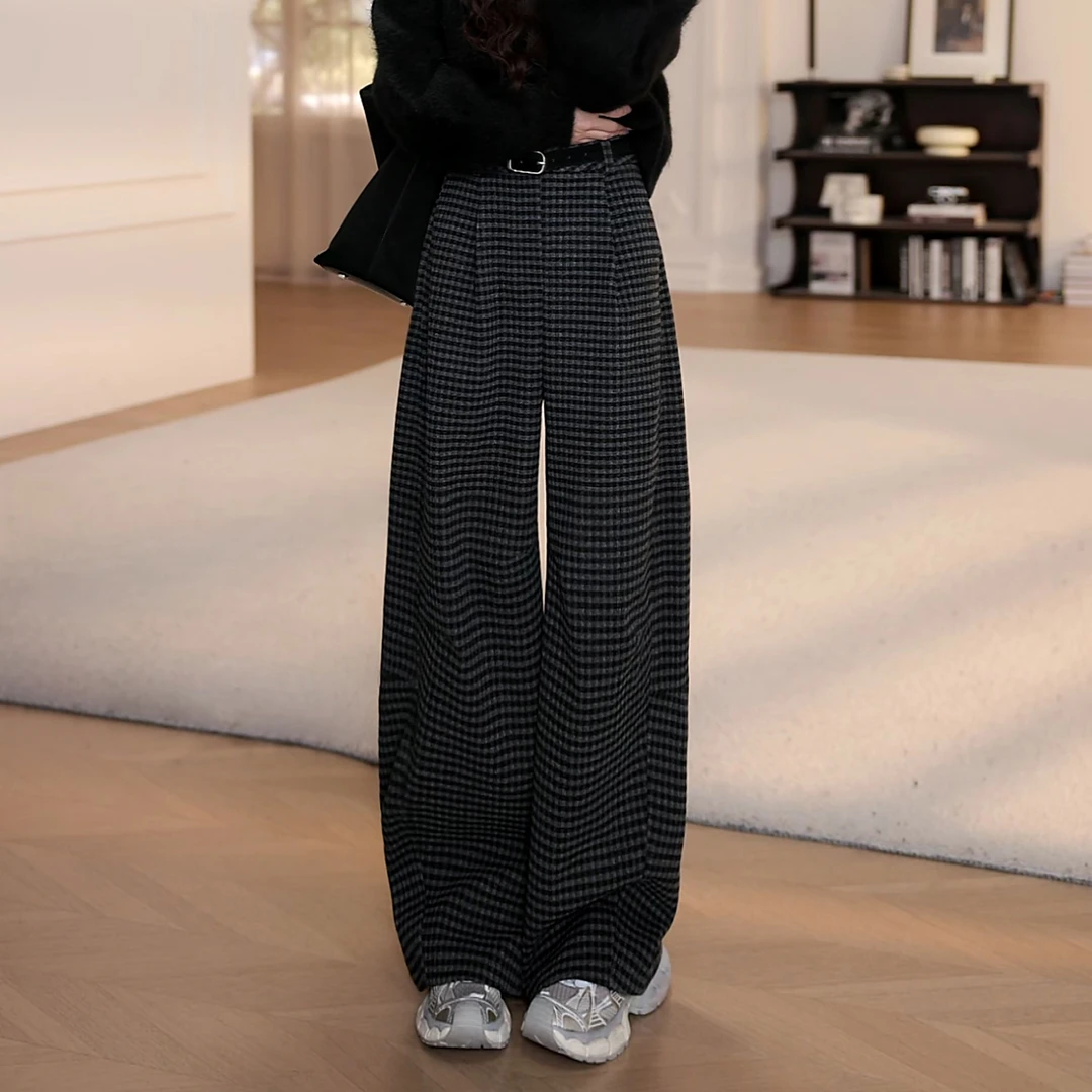 大码阔腿休闲裤女2025新款秋冬季复古气质宽松显瘦百搭格子毛呢裤