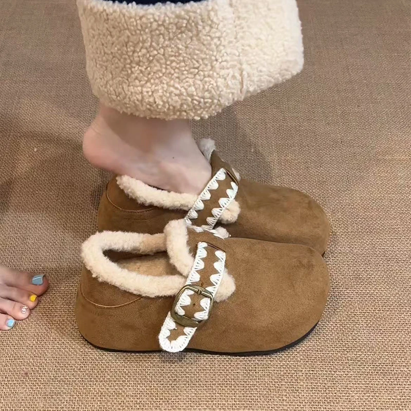 OJRZ复古棕色厚底加绒全包勃肯鞋女2025新款冬季保暖外穿防滑棉鞋