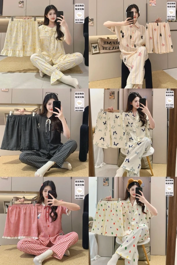 三件套夏季睡衣女生云朵棉带胸垫短袖短裤长裤甜美家居服可外穿