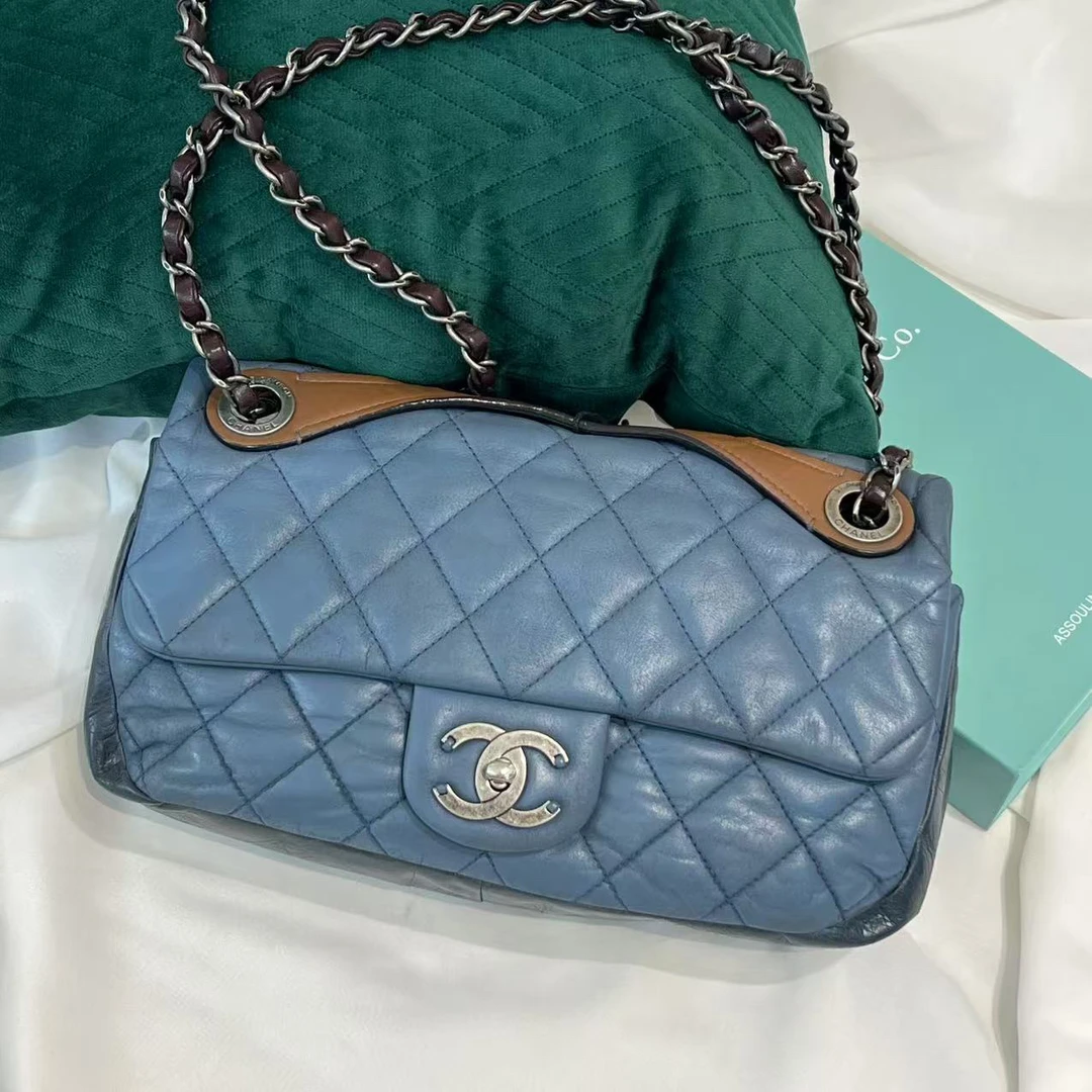95新 Chanel/香奈儿 chanel 蓝色 菱格纹 翻盖 双c 单肩包/0000