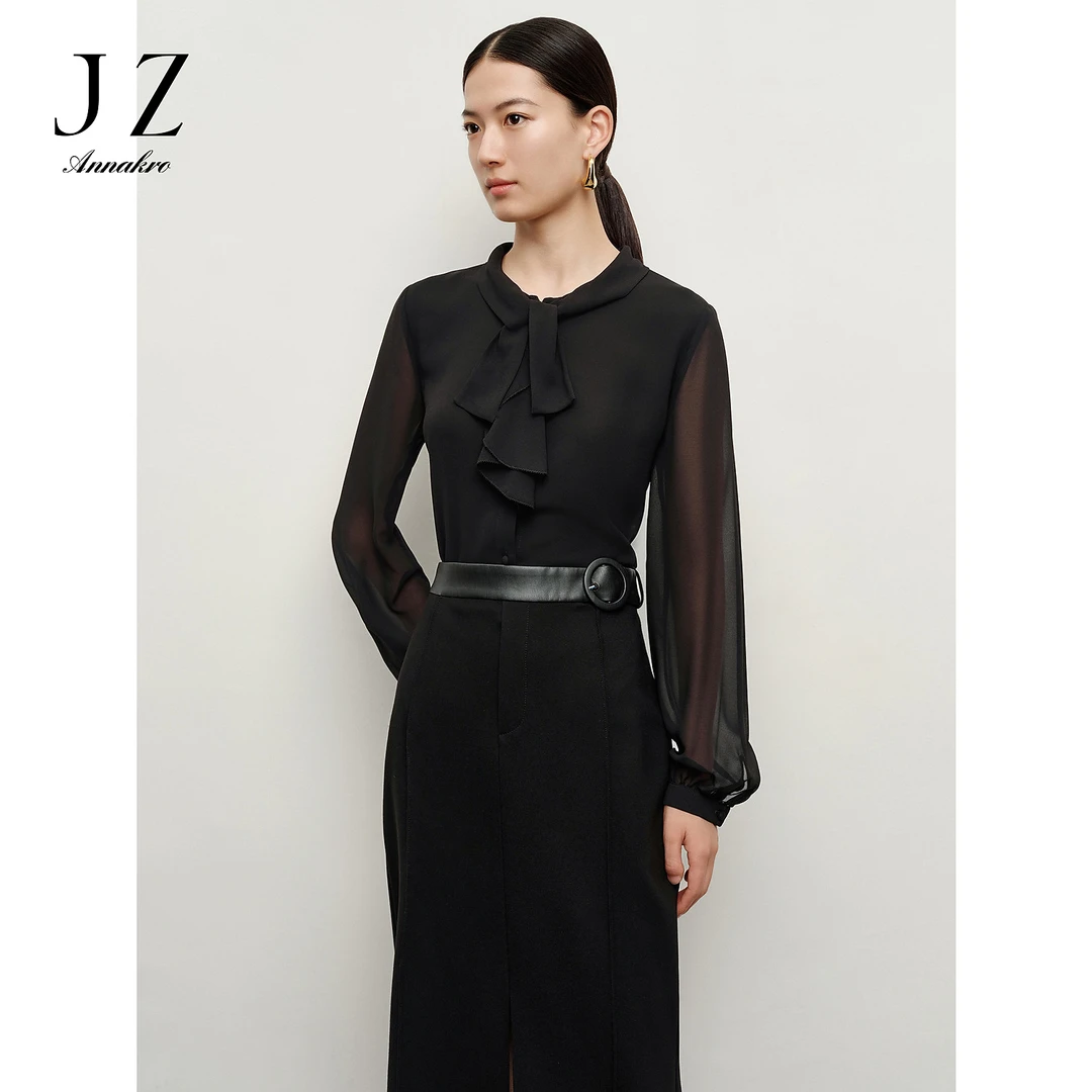 【婷婷专属】玖姿安娜蔻JTEQ60109都市风荷叶边雪纺长袖衬衫2024