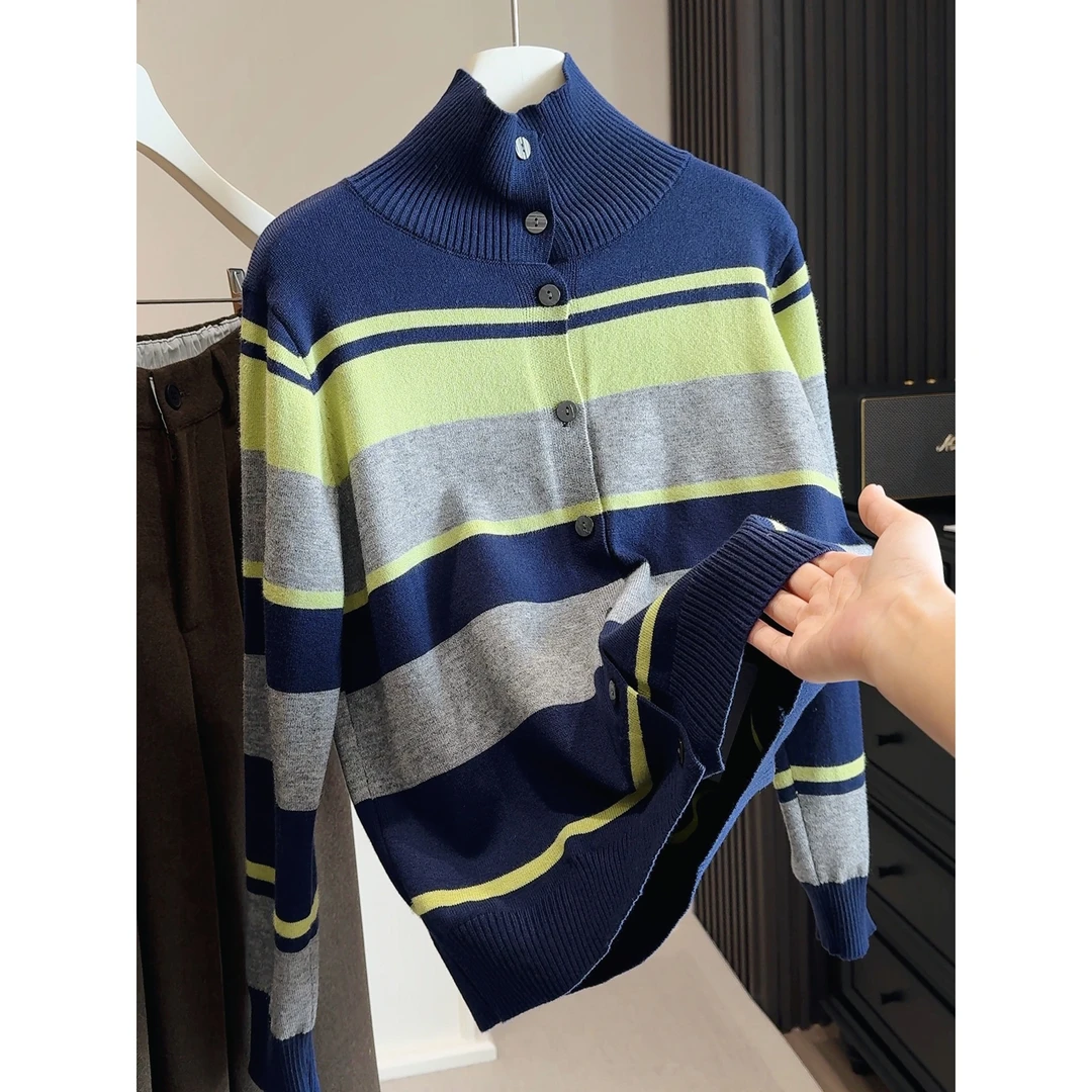 高领撞色条纹针织开衫女毛衣秋冬2025韩系时尚软糯百搭休闲上衣女