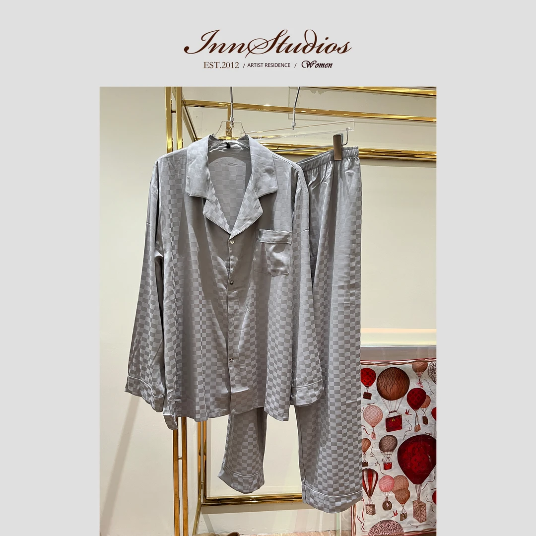 Innstudios 纯色格纹男士长袖长裤睡衣家居服套装