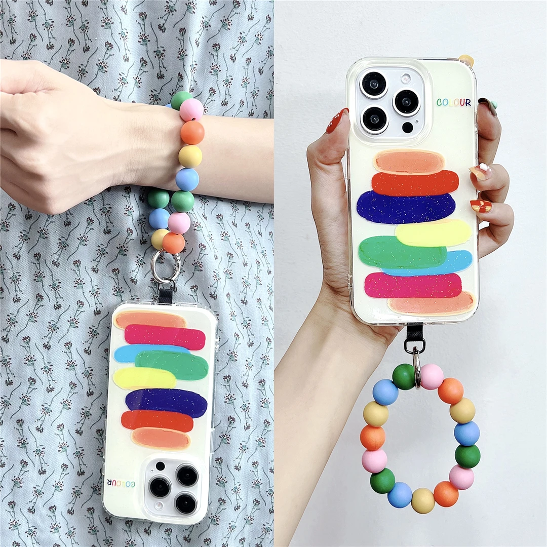韩系彩虹渐变涂鸦手拎圆环适用苹果15/14/13手机壳iphone16promax