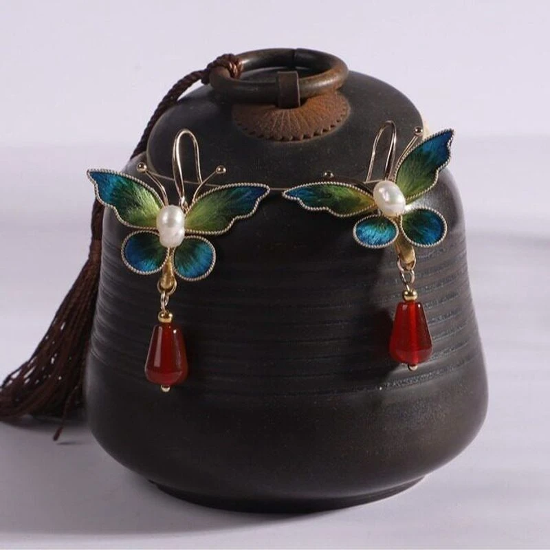 铜合金亚克力耳饰 中式风千里江山色蚕丝掐丝绒花耳钩耳饰日常穿