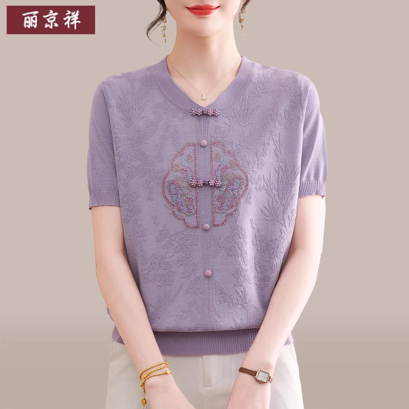 新中式国风妈妈夏装针织小衫贵夫人品牌上衣中老年女夏季短袖