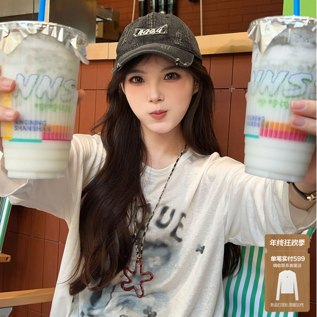 【蝴蝶少女】乐町花宽松长袖T恤秋新款空调罩衫透气大印花圆领上衣