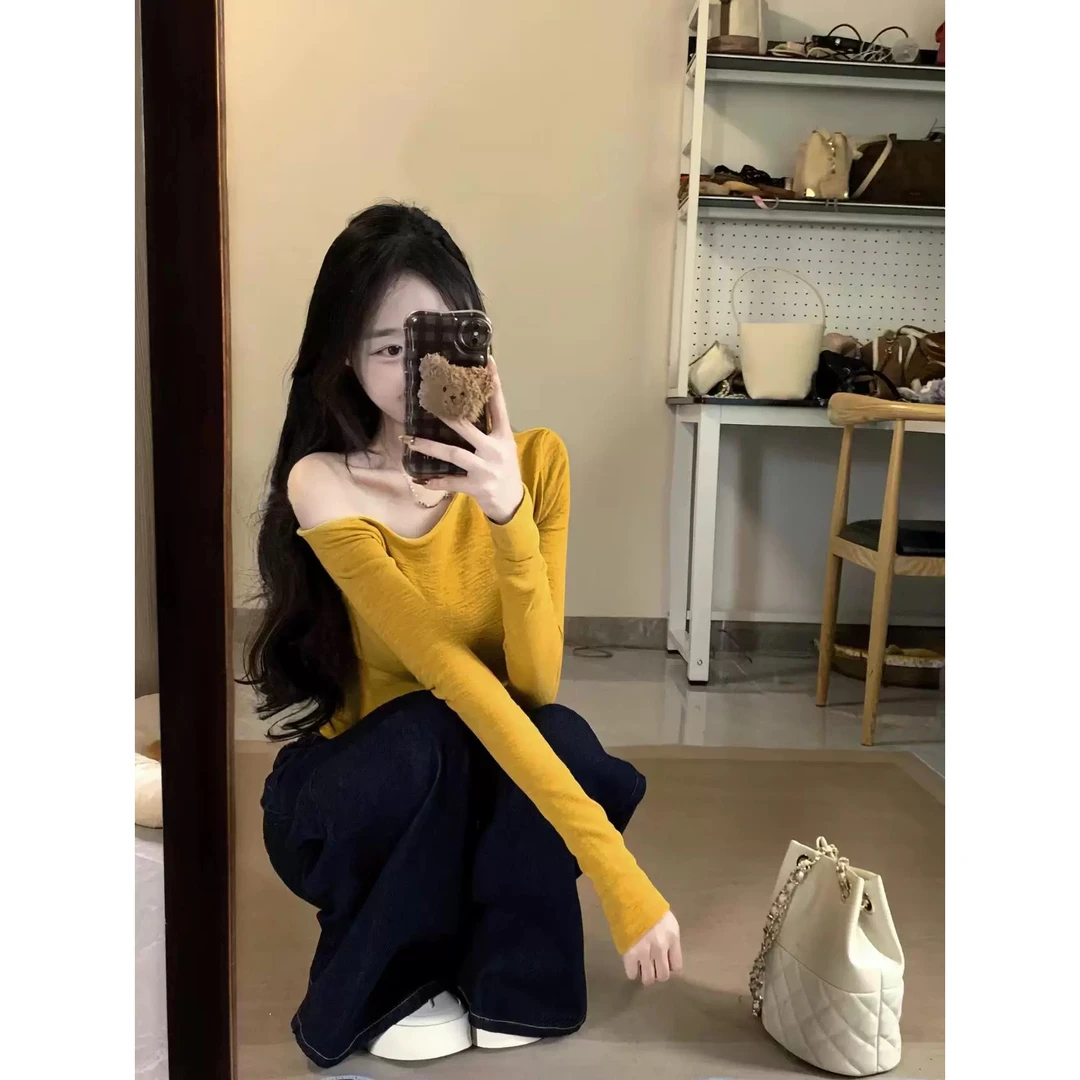 【运补6米】韩系黄色斜肩长袖t恤女春季内搭打底衫外穿修身辣妹上衣